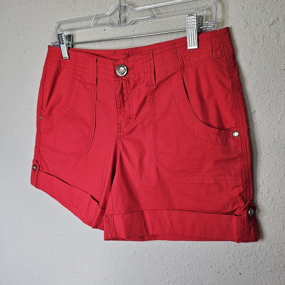 INC International Concepts Red Cuffed Chino Shorts Rhinestone Button Women 4